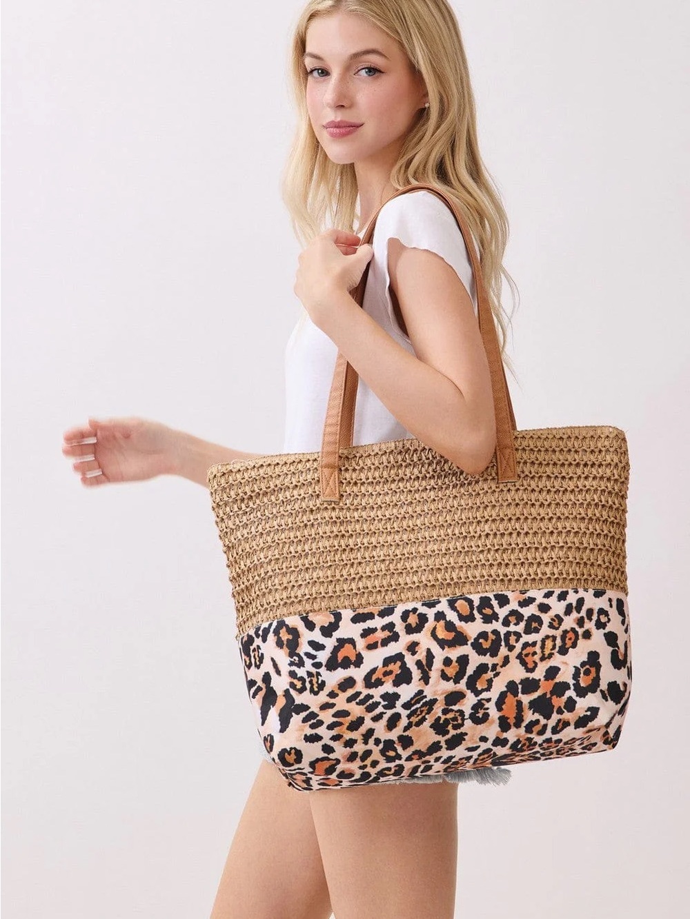 Woven Straw Tote with Leopard Print Panel - Tan/Beige